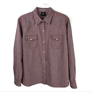 Vintage Quizz Again & Co Blue Red Check Studded Long Sleeve Pearl Snap Shirt XL